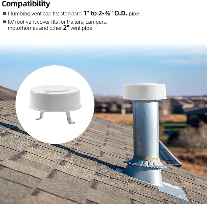 40034 RV Roof Vent Cap with Spring Tension Attachment Fits Up to 2" Plumbing Vent Pipe, Replaces Lost or Damaged Trailer, Camper, Motorhome, RV Plumbing Vent Cover - White