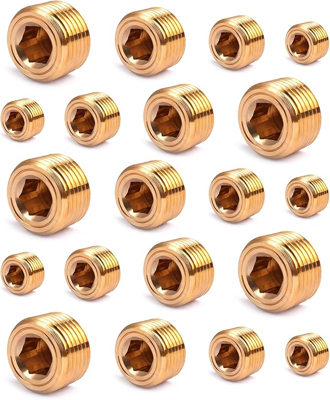 20PCS Brass Pipe Plug Fitting 1/4" 1/8" 3/8" 1/2" NPT Male Plug Hex Counter Sunk Plugs,Internal Hex Thread Socket Pipe Plugs Kit