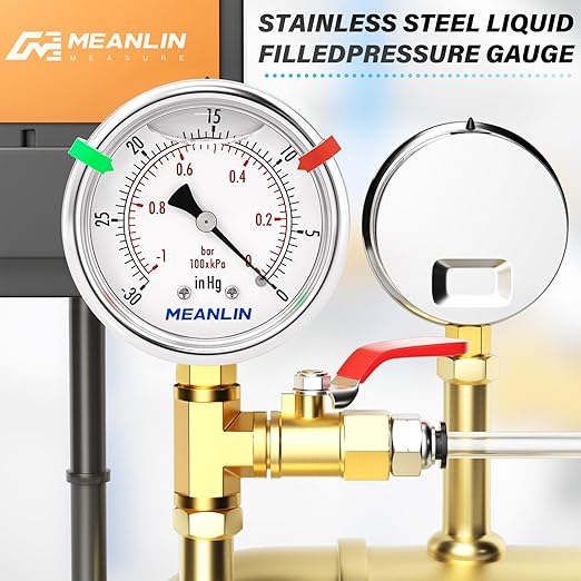 MEANLIN MEASURE -30inHG~0Psi Vacuum Gauge Stainless Steel Liquid Filled 1/4" NPT 2" FACE DIAL for Air Compressor HVAC Negative Pressure Hand Pump Pool Lower Mount, with Hex Bushing and 2PCS Snaps