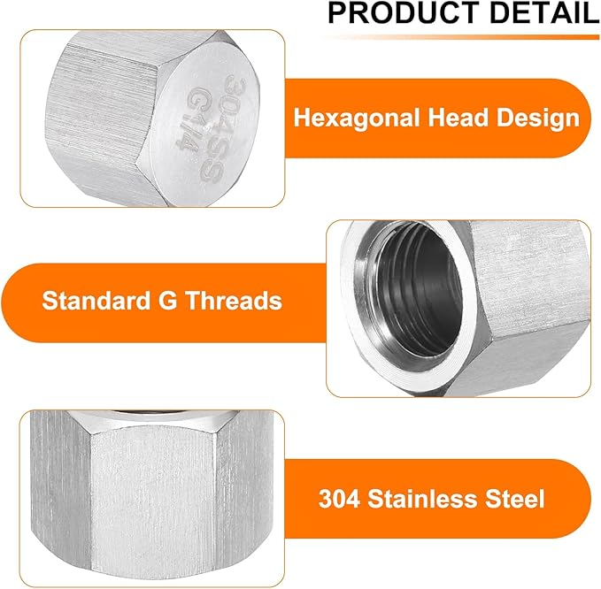 uxcell 2pcs Hex End Cap 304 Stainless Steel Nut with Washer, G1/4" Female Thread Pipe Fitting, Gas Line Water Line Stop Valve Cap Tubing Ends for Plumbing Fittings, Silver Tone