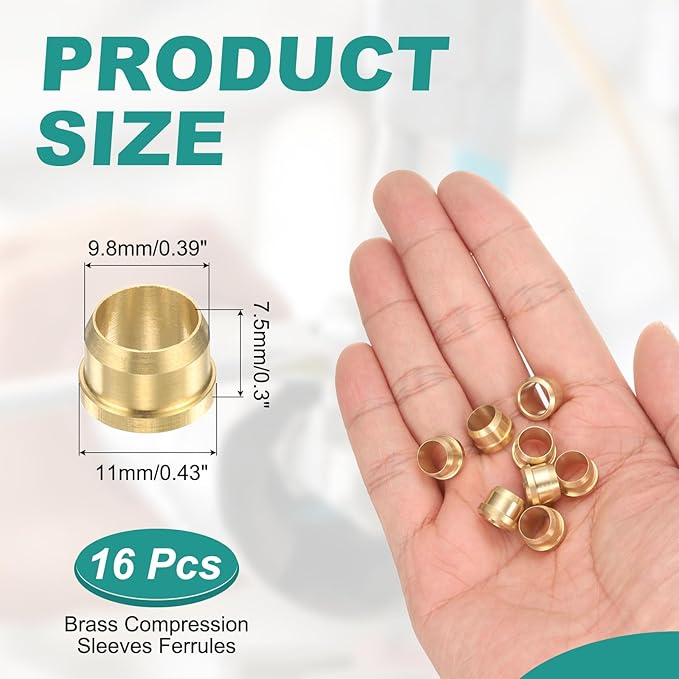 PATIKIL 8 mm OD Tube Compression Sleeves Ferrules, 16 Pack Brass Ferrule Compression Fittings for Water Oil Air Pipes