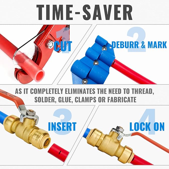 Shut Off Ball Valve 1/2 Inch, SUNGATOR 1/2 Inch Ball Valve, Push-to-Connect Water Shutoff, No Lead Brass Pushfit Plumbing Fittings for PEX Pipe, Copper, CPVC, Pack of 1