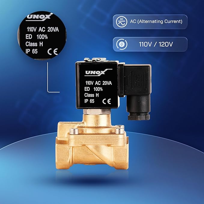 UNOX 1/2" NPT Solenoid Valve 110V AC, Brass Control Valve Normally Closed - 7-232 PSI Multi-Purpose Reliable Control Valve for Water, Air, and Gas - Solenoid Valves