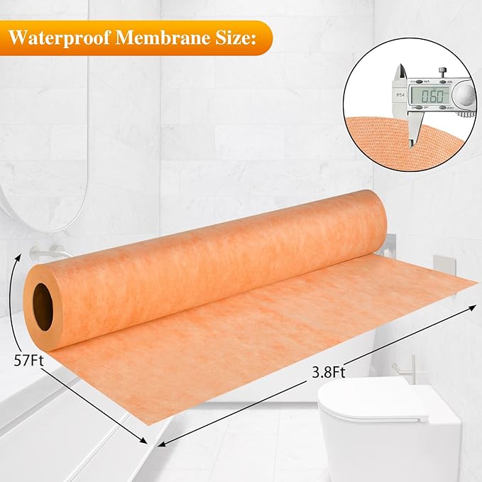 3.8 ftx57 ft Waterproof Membrane for Shower,Waterproofing Shower Membrane for Sauna Bathroom Kitchen Wall Tile Floor Underlayment,Tile Underlayment Seam Tape Uncoupling Band,23.6 Mils Thick,216 Sq Ft