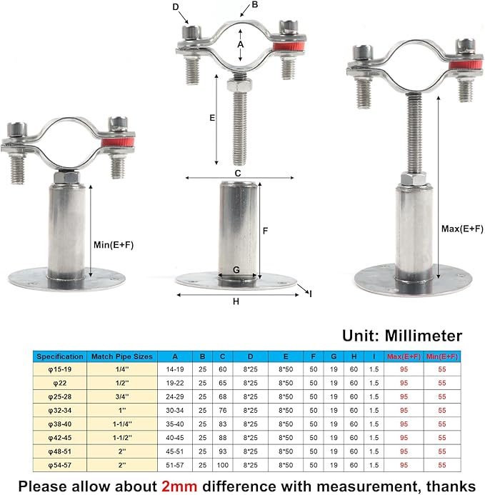 Kodilin 4PCS 304 Stainless Steel Wall Mount Ceiling Mount Pipe Supports,Suitable for OD Pipe 1/2"(19-22mm),Adjustable Height 50-100mm,Adjustable Pipe Strap Clamp with Screws