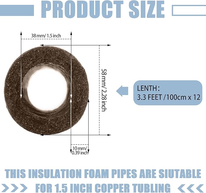 Amylove 12 Pcs 3.3 Feet Foam Pipe Insulation Foam Tube Insulating Water Pipe Pool Swim Noodles Pre Slit Heat Preservation Pipes Covers for Tubing Outdoor Winter Freeze Protection(Brown,1.5 Inch)