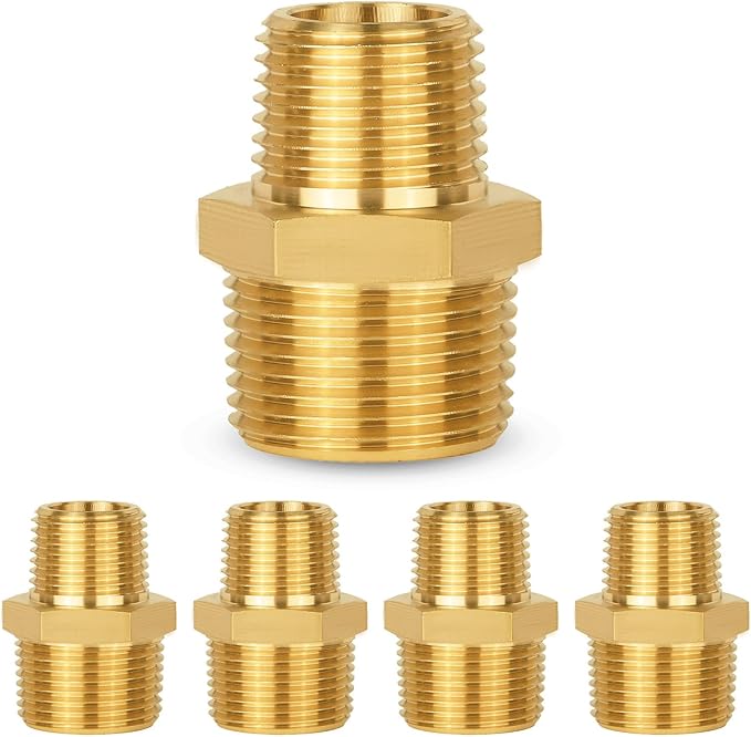 5-PCs HeSun Brass Hex Nipple Pipe Fitting, 3/4" NPT Male x 1/2" NPT Male Hex Pipe Adapter