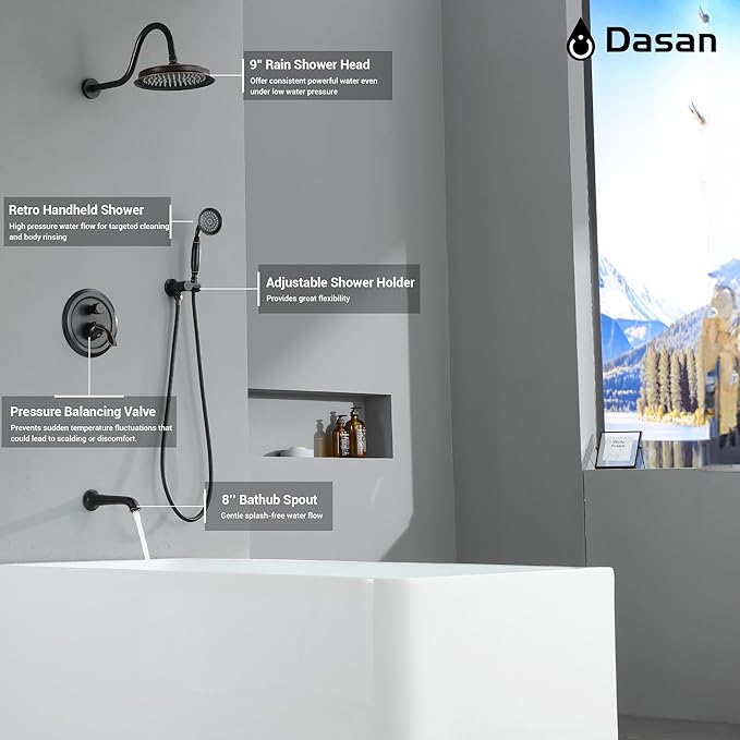DASAN Oil Rubbed Bronze Shower System with Tub Spout, Tub and Shower Faucet Combo Set with Valve & Trim Kit Bathtub Shower Faucet Set Bathtub Shower System with Rainfall Shower & Handheld, AT309W-ORB
