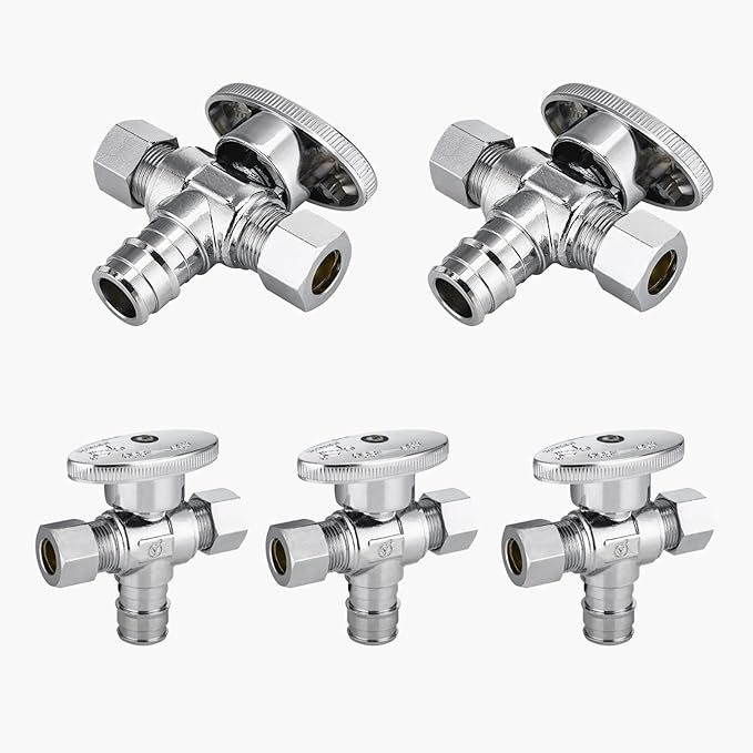 5-Pack GUOFIS PEX-A Angle Stop Valve with Dual Compression Outlet,1/2" PEX-A Expansion Inlet x (3/8" x 3/8") Outlet Shut-off Valves(1/4 Turn,Chrome)(VALVE128-5Pack)