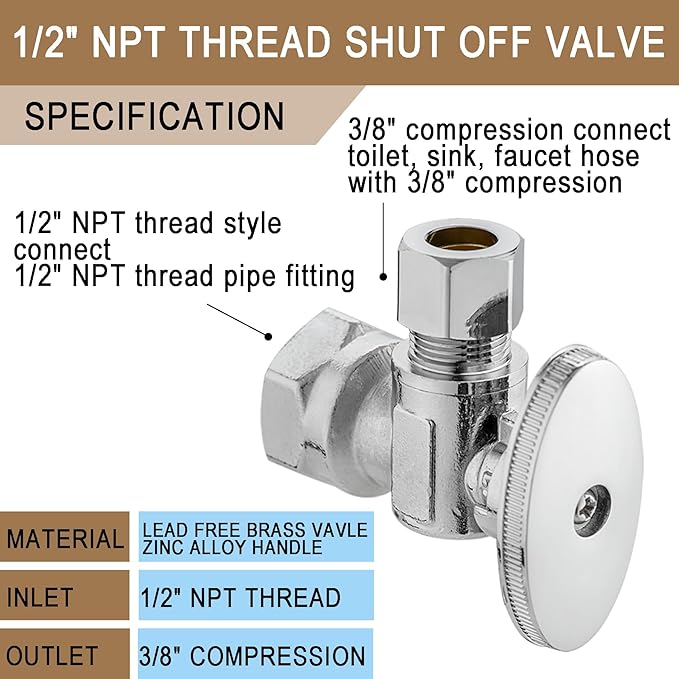 [10 Pieces] Lingmfg Angle Valve Shut Off Valve 1/2" NPT Thread x 3/8" Compression LING-AV38-1/2FNPT-A-10