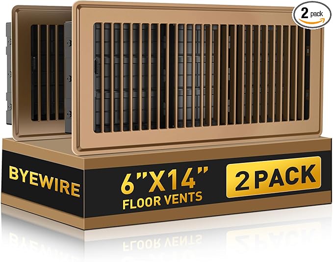 Floor Register Fits 6x14 and 14x6 Duct Opening, Heavy Duty Steel Walkable Floor Vents Covers, Adjustable Air Supply Lever Register Vent Cover for Home Floor and Wall, 2 Pack, Brown