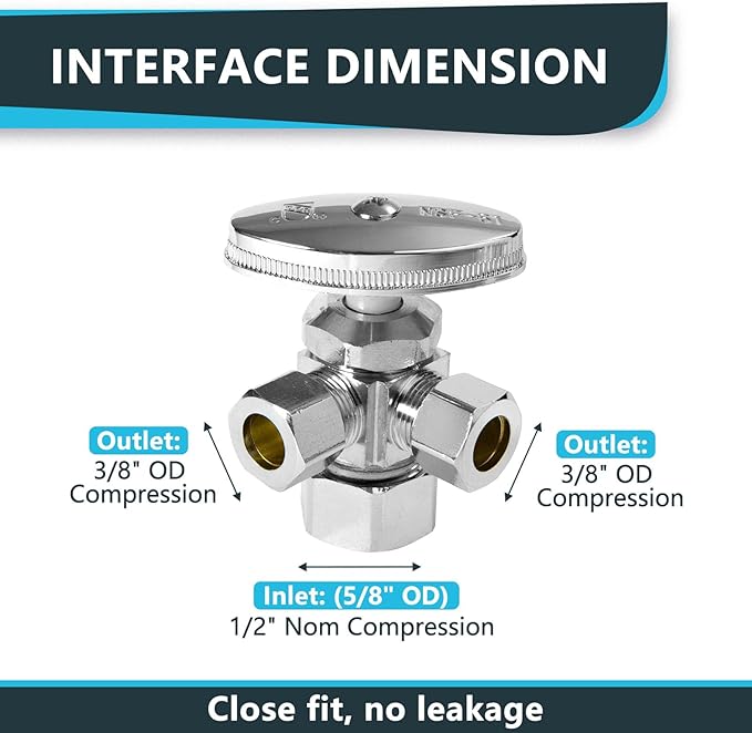 (Pack of 2) Seelink Multi-Turn Dual Outlet Angle Stop Valve, 1/2" NOM (5/8" OD) Inlet x 3/8" OD Outlet x 3/8" OD Outlet, Chrome Plated Brass