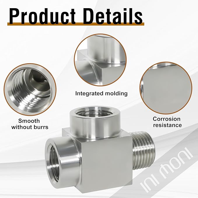 3 way tee pipe fitting 1/4 NPT male run tee, 304 stainless steel T adapter, street pipe connector for vacuum chamber/pressure gauge, 4350 psi