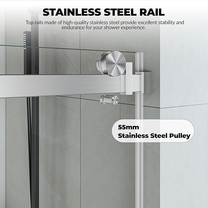 Frameless Sliding Shower Door Enclosure - 56 to 60 Inch Adjustable Width x 76 Inch Height, 8mm Coated Tempered Safety Glass with Easy Clean, Square Stainless Steel Rail, Brushed Finish