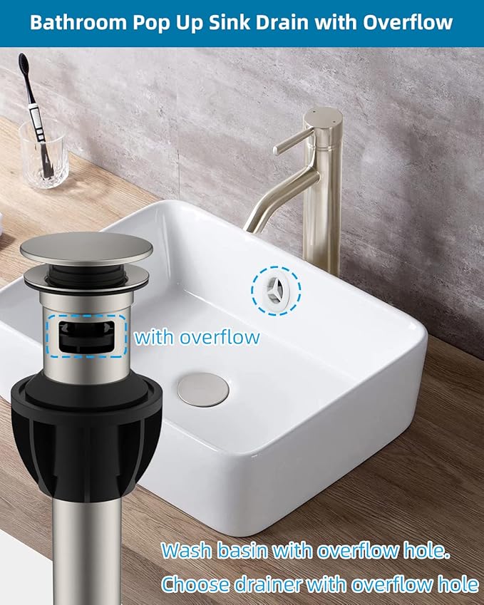 Hibbent 2 Pack Metal Bathroom Sink Drain with Overflow, Push and Seal Pop Up Drain Stopper, Stainless Steel Vessel Lavatory Vanity Sink Drain Stopper, Anti-Clogging Strainer, Brushed Nickel