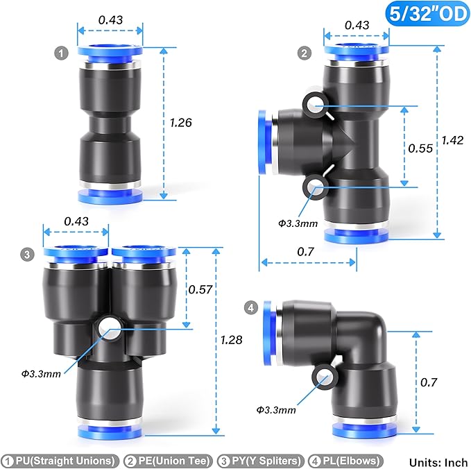 TAILONZ PNEUMATIC 5/32 Inch od Push to Connect Fittings Pneumatic Fittings Kit 10 Spliters+10 Elbows+10 tee+10 Straight (40 pcs)