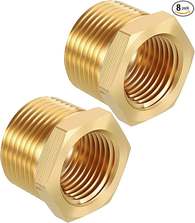 Pack of 8, 3/4" NPT Male to 1/2" NPT FeMale Solid Brass Hex Bushing, Hose Fittings Adapter Threaded Reducer Heavy Duty for Pipe Leak Repair, Pneumatic Systems, Compression