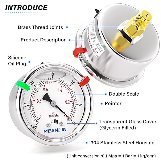 MEANLIN MEASURE -30inHG~0Psi Vacuum Gauge Stainless Steel Liquid Filled 1/4" NPT 2" FACE DIAL for Air Compressor HVAC Negative Pressure Hand Pump Pool Center Back Mount with Hex Bushing and 2PCS Snaps