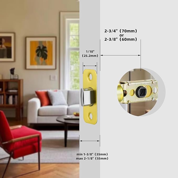 Satin Brass Adjustable Door Latch 60 or 70mm, 45° Turning Angle, Door Lock Replacement Parts with Door Strike Plate, Wood Dowel, Dust-Boxes