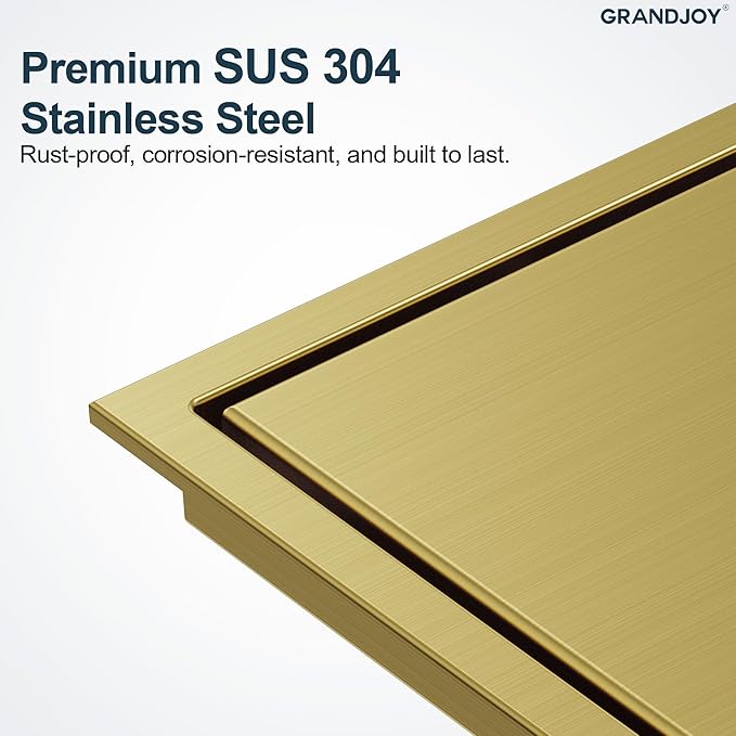 6 Inch Square Shower Floor Drain, Brushed Gold SUS304 Stainless Steel Grid Grate with X-Shaped High Flow Channel, Anti-Clogging Hair Strainer, Standard 2" Outlet