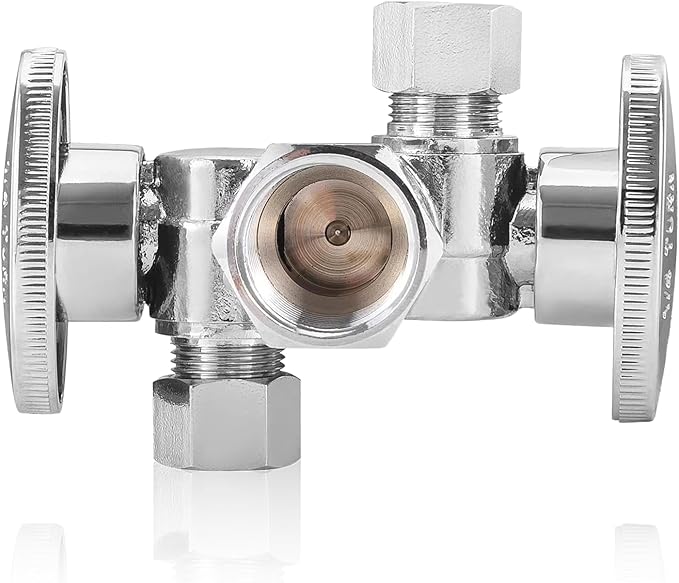 1-PC HeSun Dual Shut Off Angle Valve, 1/2" FIP x 3/8" OD x 3/8" OD Compression, 1/4-Turn Stop Valve with 2 Shut Offs, PEX Chrome Plated Brass(VALVE140)