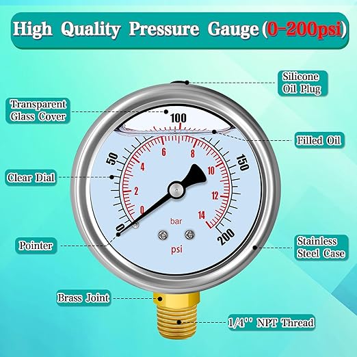 Water Pressure Gauge with 12'' Hose, 0-200 Psi Pressure Gauge Filled with Oil, 3/4" GHT Female Thread Water Pressure Test Gauge Hose Kit, for Home, Industrial, Garden Water Pressure Test