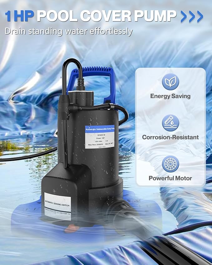 Automatic Pool Cover Pump - 1 HP 3500 GPH Submersible Water Pump with Check Valve and 3 Adapters, 29.5FT Cord for Pumps Above Ground Automatic On/Off System, Sump Pump for Basement Floods, Pond Pump
