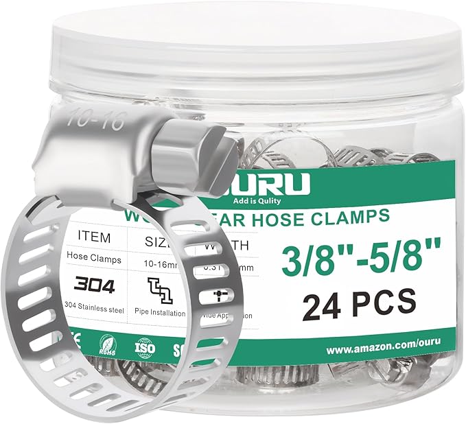 24PCS Hose Clamps Stainless Steel Adjustable 3/8"– 5/8"(10-16mm) Worm Gear Hose Clamp, Heavy Duty Metal Small Hose Clamps for Automotive, Pipe, Radiator Plumbing, Fuel Line