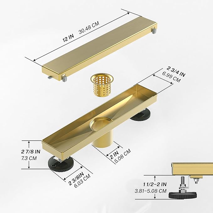 Linear Shower Drain. 12 Inch Shower Trench Drain with 2-in-1 Flat Cover & Inser Cover,304 Stainless Rectangle Steel Shower Floor Drain with Hair Strainer and Leveling Feet (Gold, 12 in)