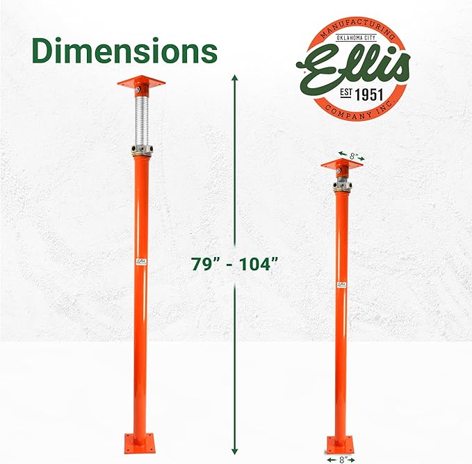 ELLIS Heavy-Duty Adjustable Steel Shore – Basement Post for Foundation, Beams, and Structural Floor Leveling – 30,000 lb Safe Load Capacity – 79"-104" Adjustment