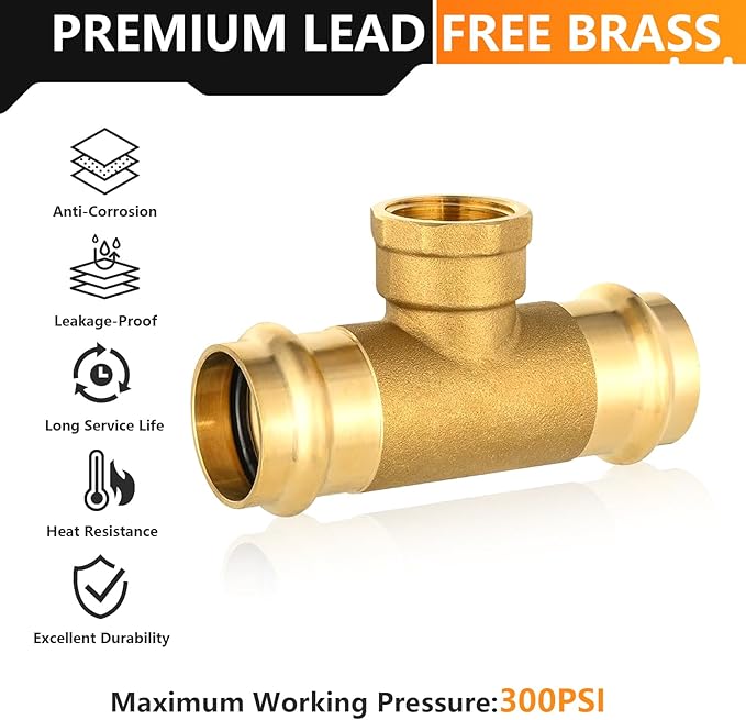 20-Pack HeSun Copper Pressure Fitting Tee, 3/4"PRESS x 3/4"PRESS x 3/4"Female NPT Tee, LF Brass