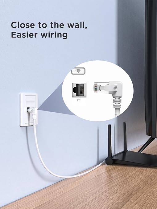 90 Degree Cat6 Ethernet Cable White Right Angle Cat 6 Ethernet Patch Cable 10FT LEFTward RJ45 Network Internet Cable-Left Angle, 10FT