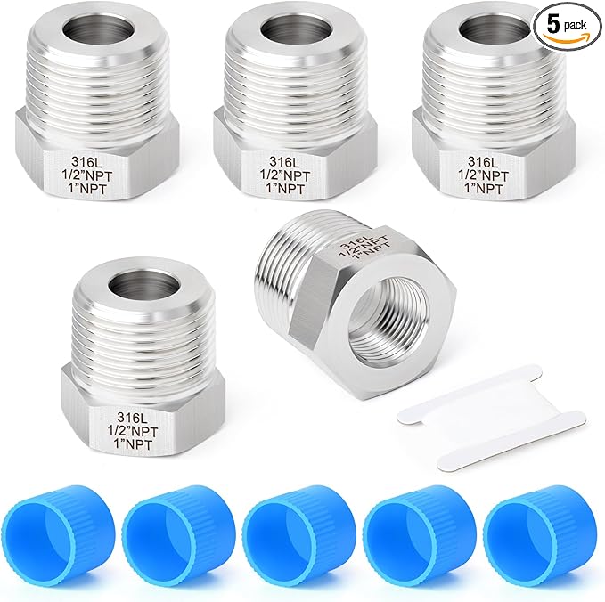 TAISHER 5PCS Forging of 316L Stainless Steel Reducer Hex Bushing, 1" Male NPT to 1/2" Female NPT, Reducing Forging Pipe Adapter Fitting