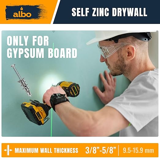 ALBO #6 Zinc Self-Drilling Drywall Anchors, 200PC Set – Includes 100 Heavy Duty Sheetrock Anchors & 100#6 x 1-1/4'' Screws – 75LB Capacity for Hanging and Mounting