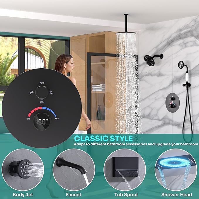 Temperature Display Shower Valve 3 Way Brass Rough-in Mixer and Round Trim Kit, Triple Function Digital Shower Diverter, Black