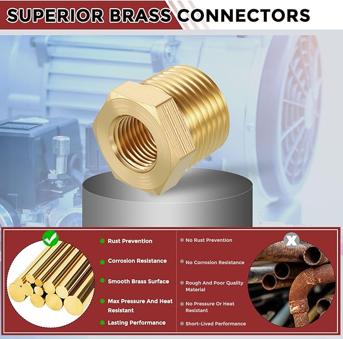 Pack of 1, 3/8" NPT Male to 1/8" NPT FeMale Solid Brass Hex Bushing, Hose Fittings Adapter Threaded Reducer Heavy Duty for Pipe Leak Repair, Bathroom Remodel, Compression
