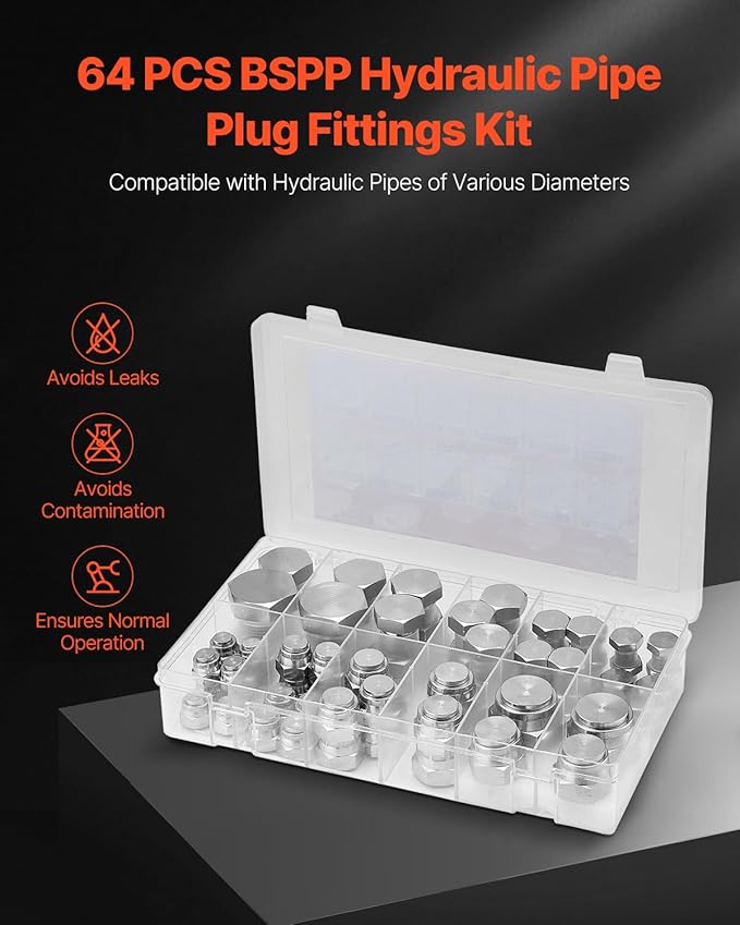 VEVOR 64 PCS BSPP Hydraulic Fittings, Hydraulic Cap and Plug Kit with Precision Threading, Galvanized Steel Heavy Duty Hydraulic Fitting Adapter Kit, Dash Sizes 04/06/08/10/12/16