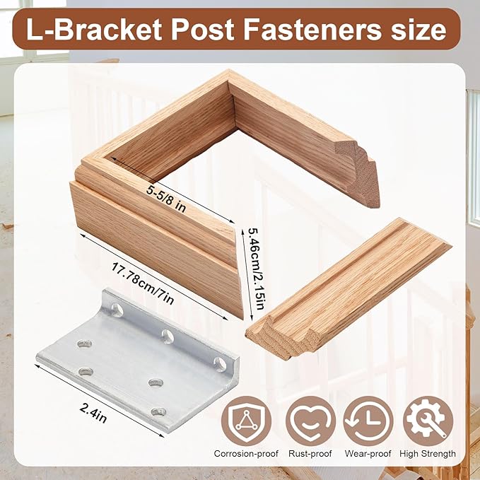 Blulu 1 Set 6" Newel Post Mounting Kit 4 Pcs L Bracket Metal Post Anchor with 4 Pcs Red Oak Wood Trim Deck Base Fasteners for Fastening Handrails Balustrades to Stairs and Floors