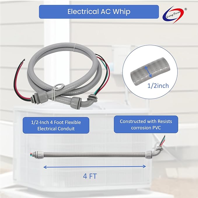 Electrical AC Whip Assembly -1/2" x 4ft Non-Metallic Liquid Tight Electrical Conduit and 10 Gauge Wire A/C Hook-up Whip Kit