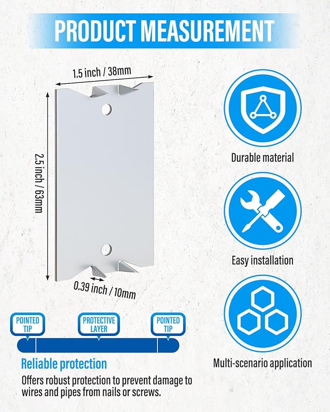 300 Pack Nail Plates for Wood Studs, 2.5 x 1.5 Inch Metal Cable Protector Plate, Anti-Nail Shield with Sharp Prongs for Plumbing & Wiring Protection