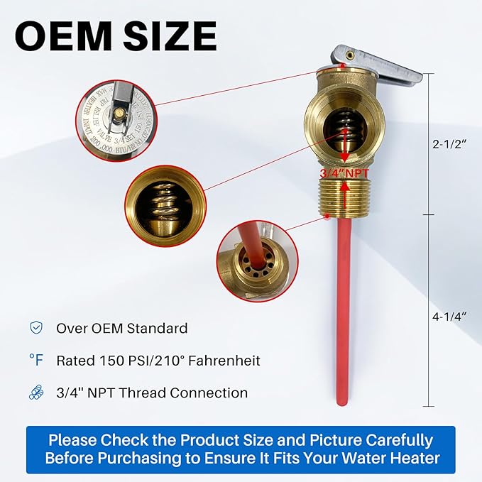 Upgrade 3/4" NPT Thread 210°F 150 PSI Temperature Pressure Relief Valve for Suburban RV Water Heaters, Thickened Brass Safety Valve for Hot Water Heaters and Tanks with Extended Probe