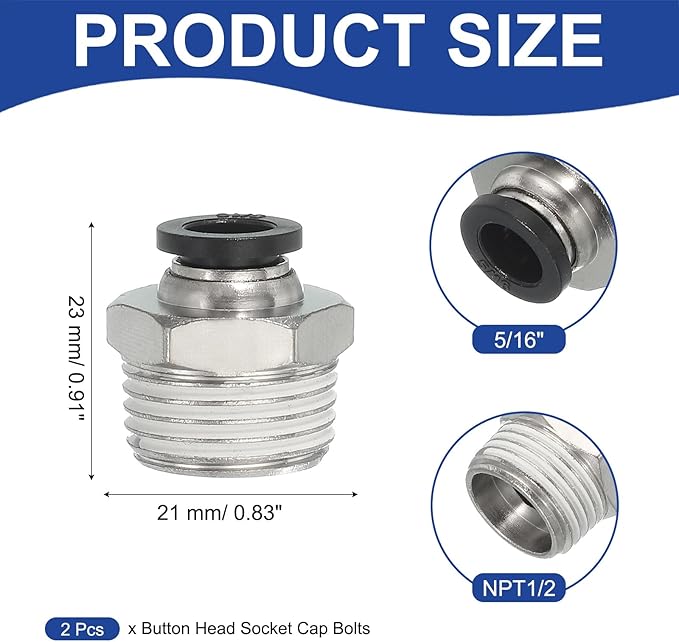 MECCANIXITY 2 Pcs NPT Push to Connect Air Fittings, Male Straight 5/16" Tube OD x 1/2" NPT Thread Air Quick Connector Coupling Adapter for Gas Hose Pneumatic Tools, Black