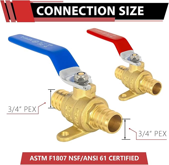 4-Pack EFIELD 3/4-inch Crimp Pex Brass Full Port Shut-off Ball Valve with Drop-ear, Red and Blue Levels, ASTM F1807 (4, 3/4-inch),(VALVE216)