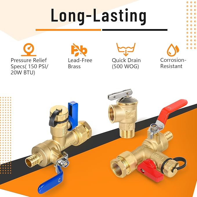 (Set of 1 Kit) HeSun 3/4" FIP X 3/4" PEX-B Crimp IPS Isolator Tankless Water Heater Service Valve Kit, with Pressure Relief Valve (TOOL053)