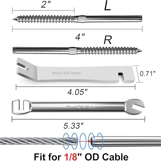 Steel DN Mate 70 Pack T316 Stainless Steel Right&Left Handed Thread Swage Lag Screws for Wood Post of 1/8" Steel Cable Railing Kit, Cable Railing Hardware, DIY Wood Baluster, Wrench Included DM35