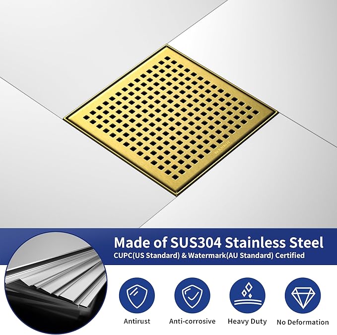 Square Shower Drain 8", 304 Stainless Steel Floor Drain with Grid Drain Cover & Hair Strainer, Shower Drain w/CUPC Certified, Brushed Gold