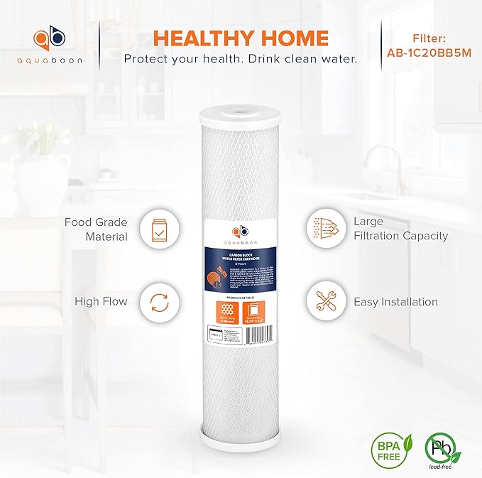 Aquaboon Carbon Water Filter Replacement - 5 Micron 20 x 4.5 inch - Whole House CTO Carbon Block Water Filter Cartridge Compatible with FC25B, EPM-20BB, CB-BB-20, 155783-43, 4 Pack