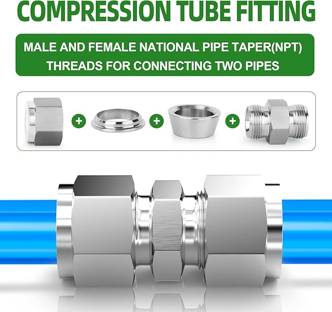 TAISHER 5PCS 304 Stainless Steel Compression Tube Pipe Fitting Connector, 1/8" Tube OD x 1/8" Tube OD Straight Adapter