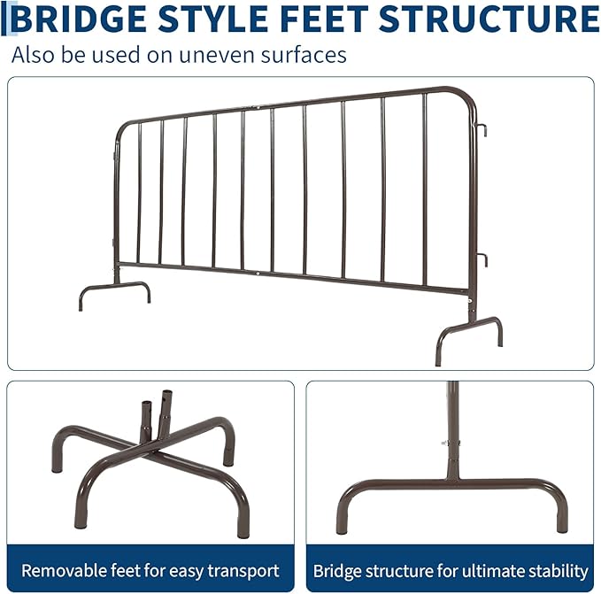 Interlocking Steel Barricade, 6 Ft. Heavy Duty Galvanized Metal Barricade, Interlocking Steel Road Barriers with with Bridge Feet Base, for Crowd Control Event Fencing Indoor/Outdoor, Brown