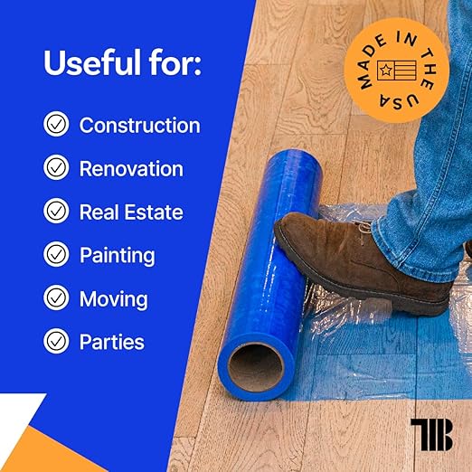 TapeManBlue Floor Protection Film, 48" x 200', Made in USA, Blue Self Adhesive Floor Protector Tape for Moving, Painting and Construction, Temporary Covering to Shield Hardwood, Tile, Hard Surfaces